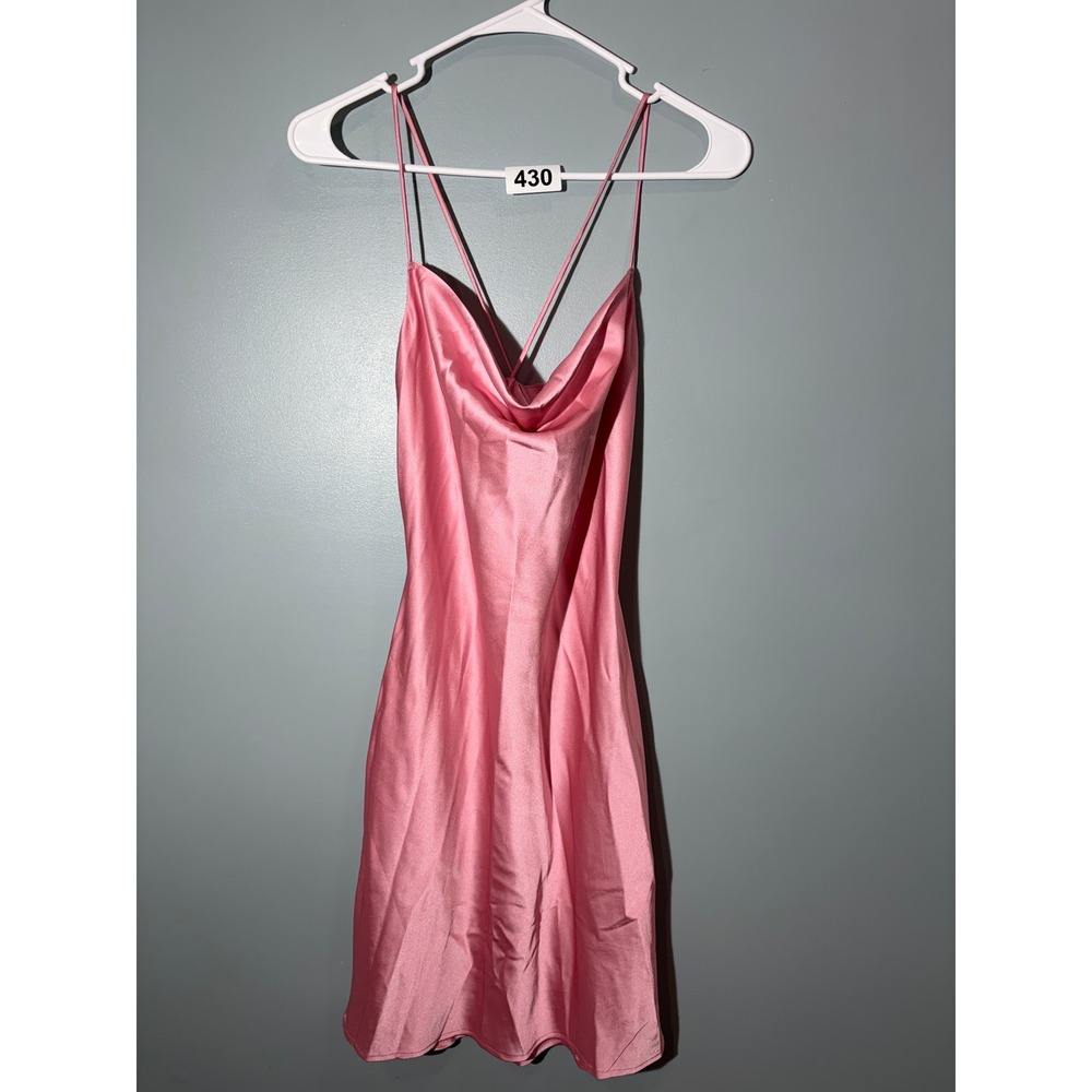 Monki Pink Satin Cowl Neck Slip night gonwn Spaghetti Strap  Cross Back Size 32